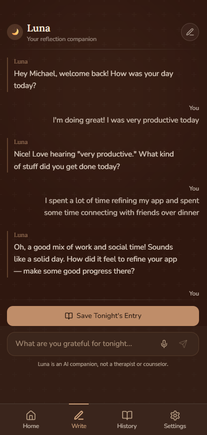 A conversation with Luna guiding a nightly gratitude journal entry